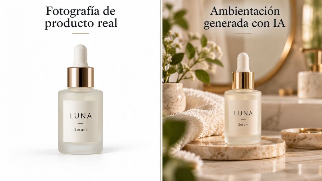 Comparación entre una fotografía de producto real y una ambientación generada con IA