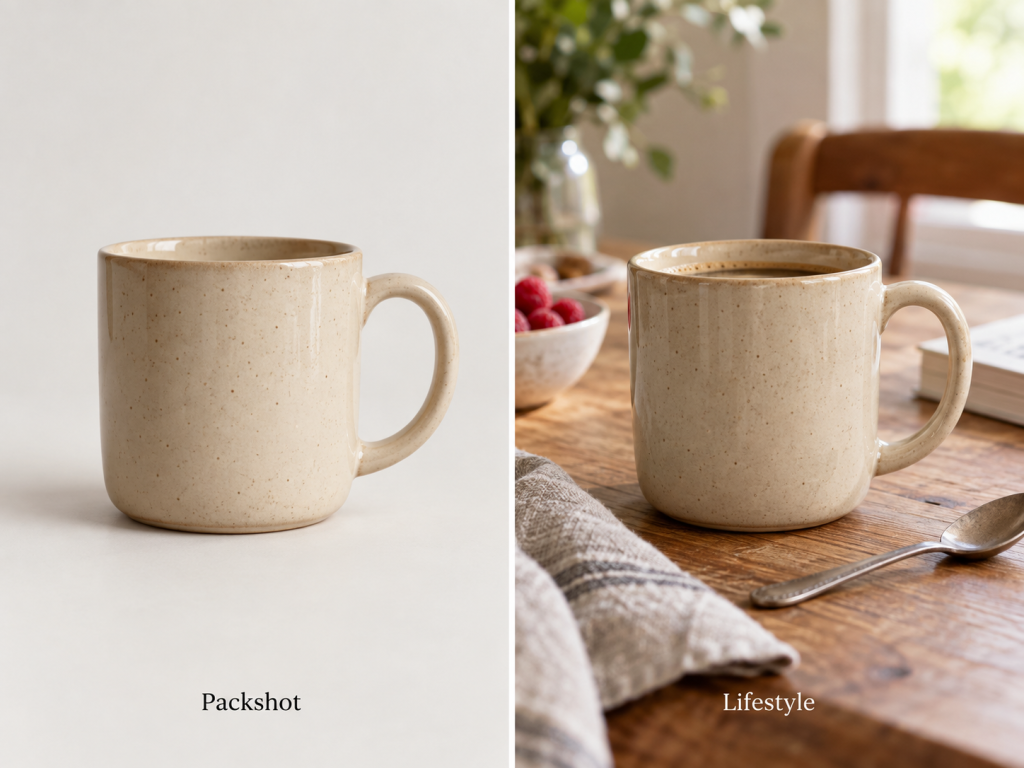 Packshot sobre fondo neutro junto a la misma pieza fotografiada en contexto de uso