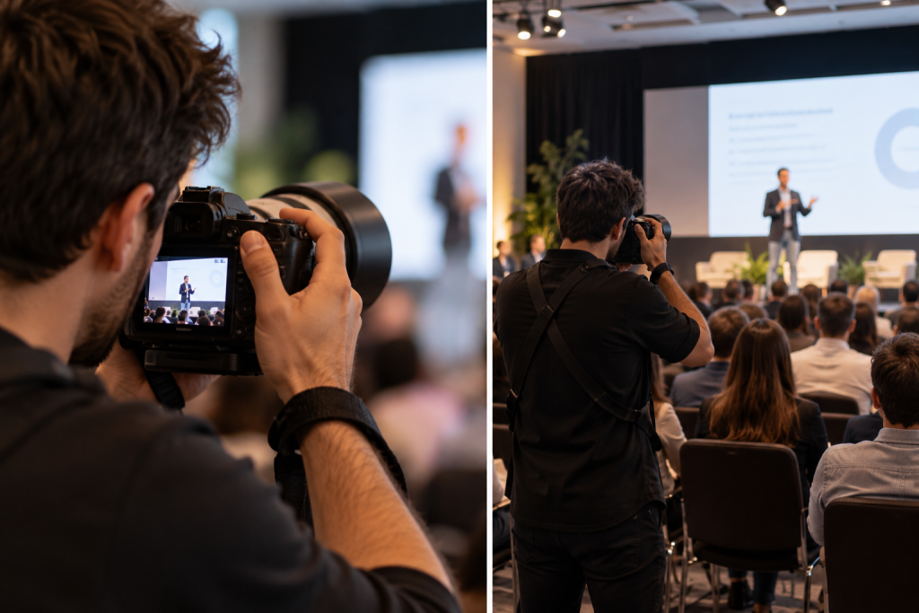 Fotógrafo cubriendo la ponencia principal de un evento corporativo